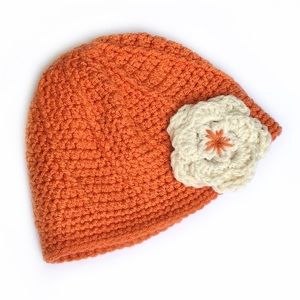 ✨NEW✨ Women’s Floral Fall Crocheted Hat, Orange and Cream Floral Detail, OS
